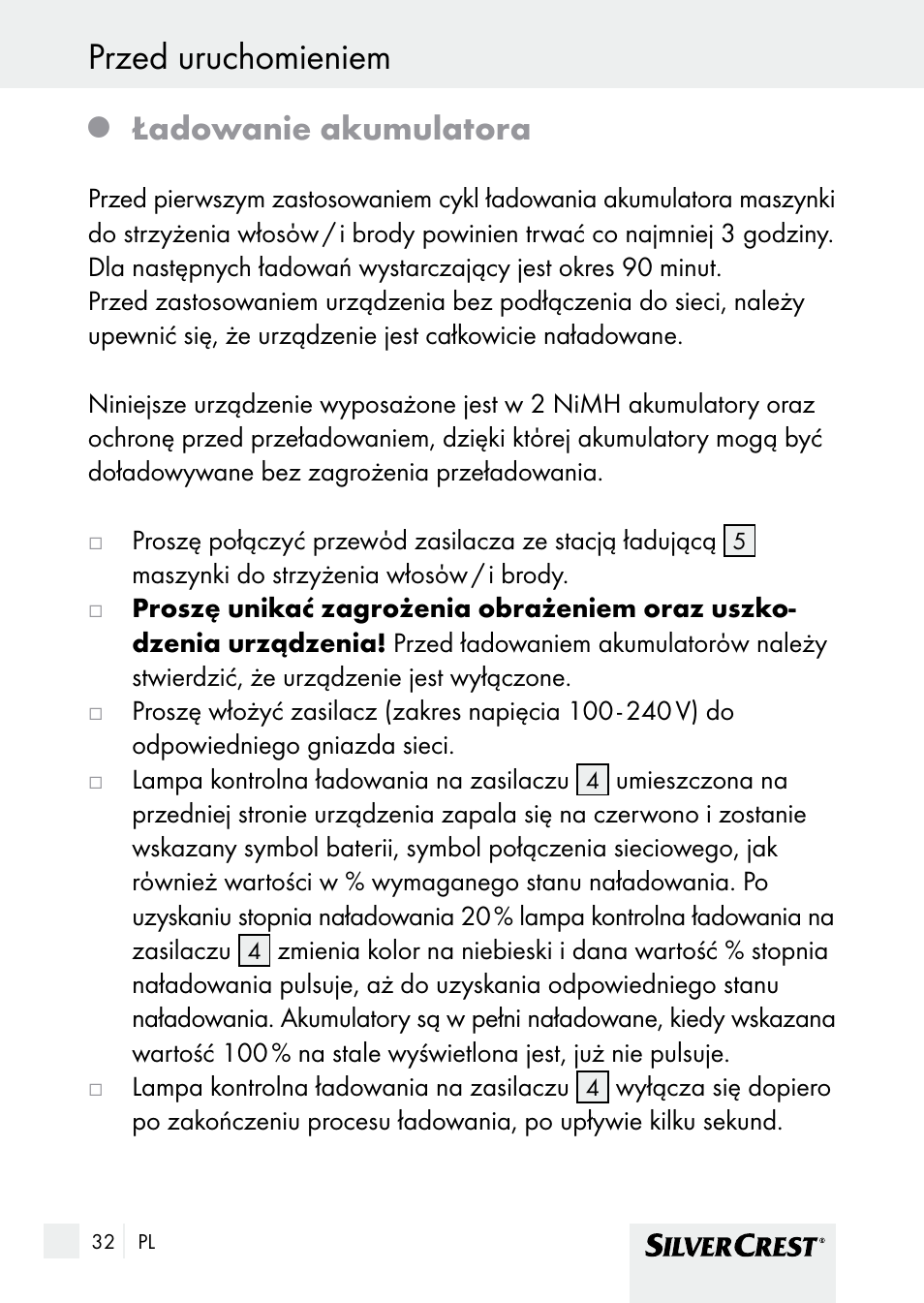 Przed uruchomieniem, Ładowanie akumulatora | Silvercrest SHBS 1000 A1 User Manual | Page 32 / 137