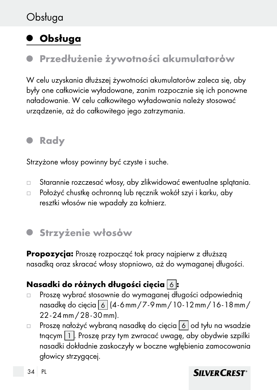 Obsługa, Przedłużenie żywotności akumulatorόw, Rady | Strzyżenie włosόw | Silvercrest SHBS 1000 A1 User Manual | Page 34 / 137