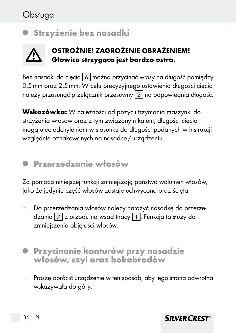 Obsługa, Strzyżenie bez nasadki, Przerzedzanie włosόw | Silvercrest SHBS 1000 A1 User Manual | Page 36 / 137
