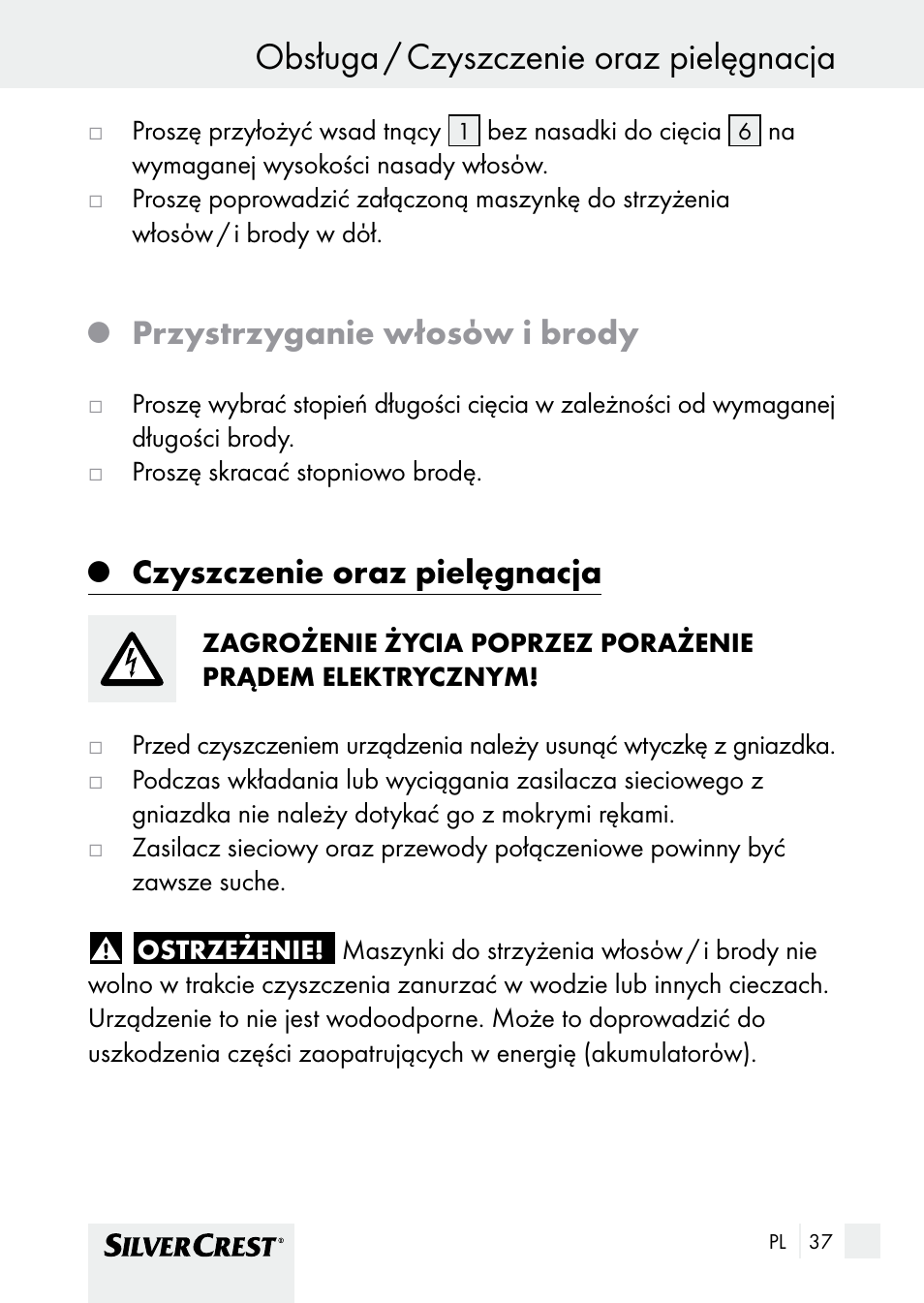 Obsługa / czyszczenie oraz pielęgnacja, Przystrzyganie włosόw i brody, Czyszczenie oraz pielęgnacja | Silvercrest SHBS 1000 A1 User Manual | Page 37 / 137