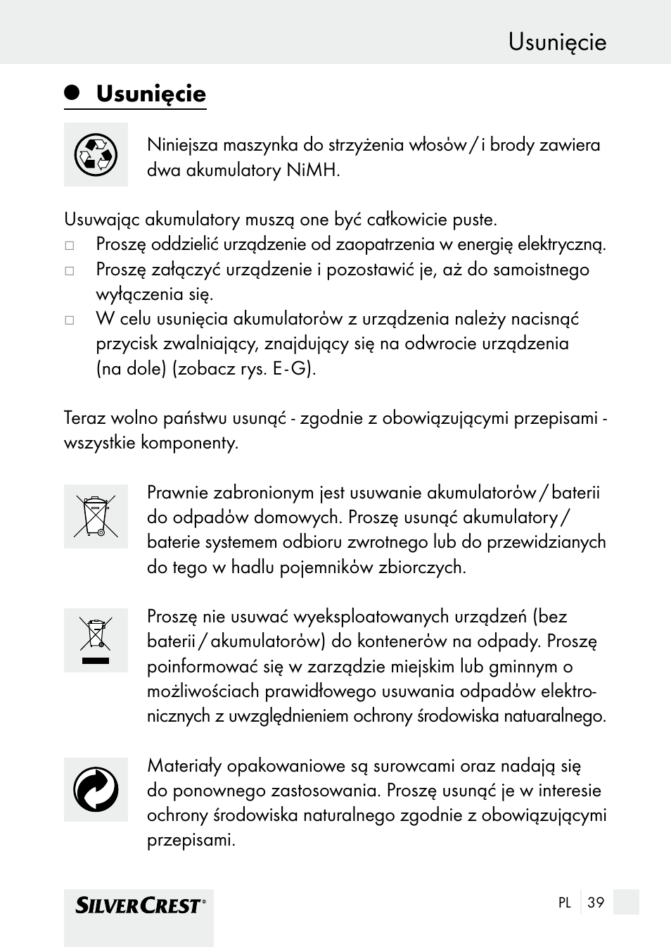 Usunięcie | Silvercrest SHBS 1000 A1 User Manual | Page 39 / 137
