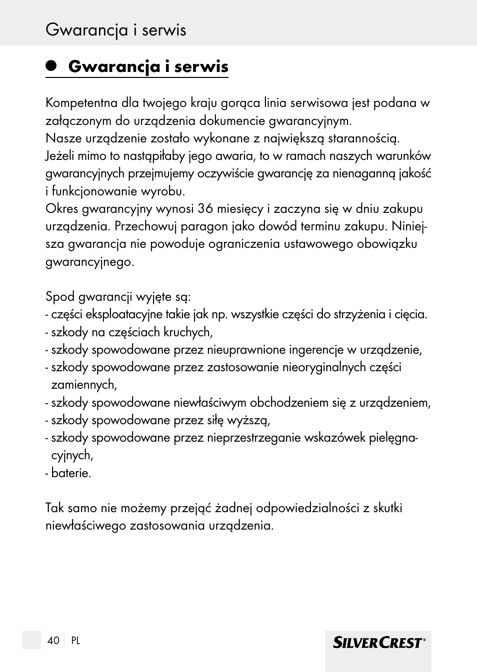 Gwarancja i serwis | Silvercrest SHBS 1000 A1 User Manual | Page 40 / 137