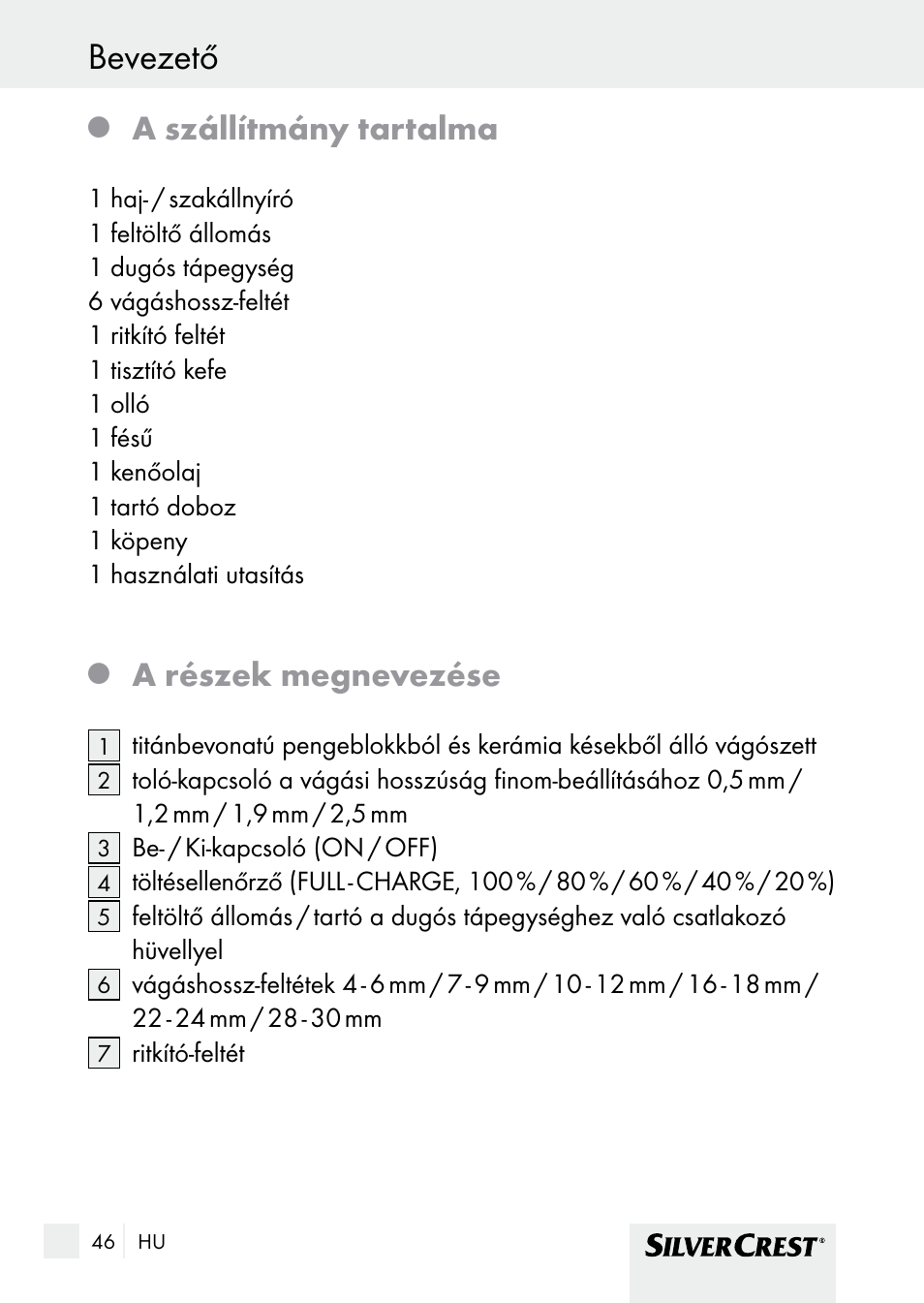 Bevezető, A szállítmány tartalma, A részek megnevezése | Silvercrest SHBS 1000 A1 User Manual | Page 46 / 137