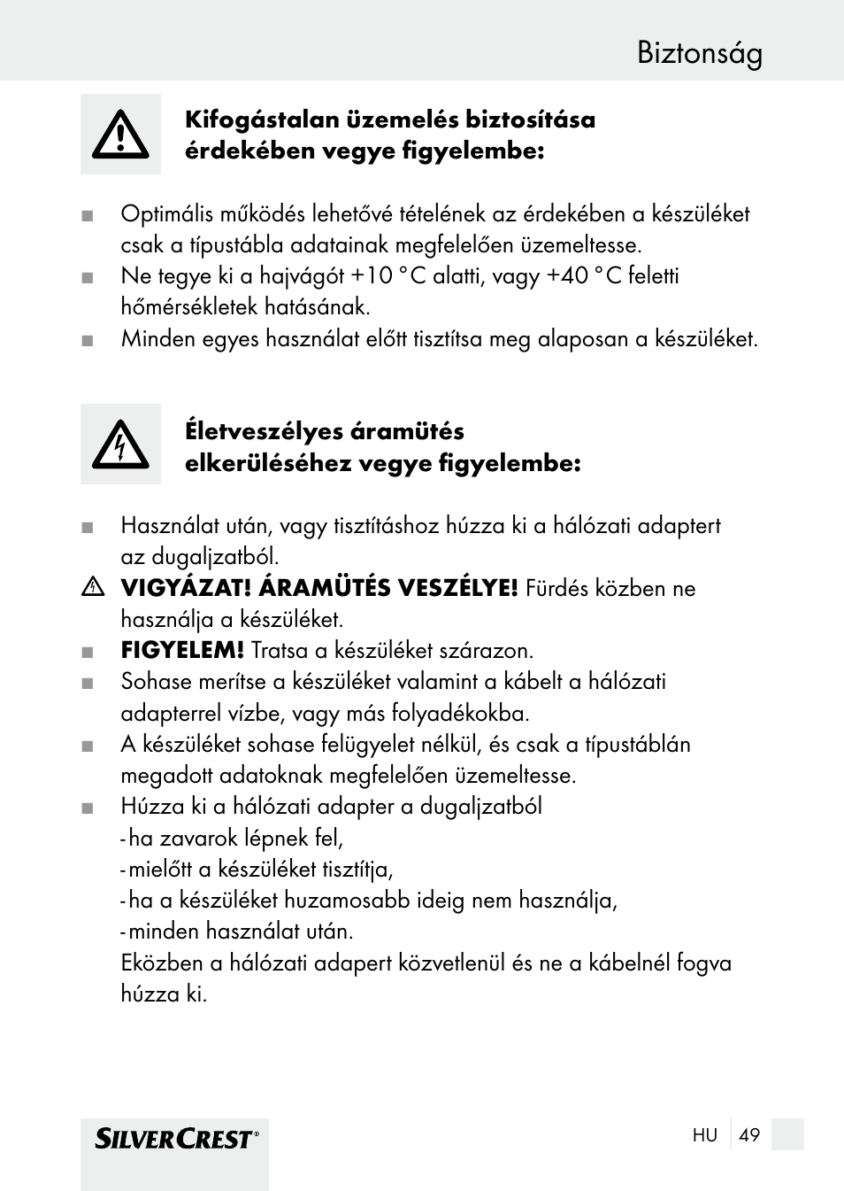 Biztonság | Silvercrest SHBS 1000 A1 User Manual | Page 49 / 137
