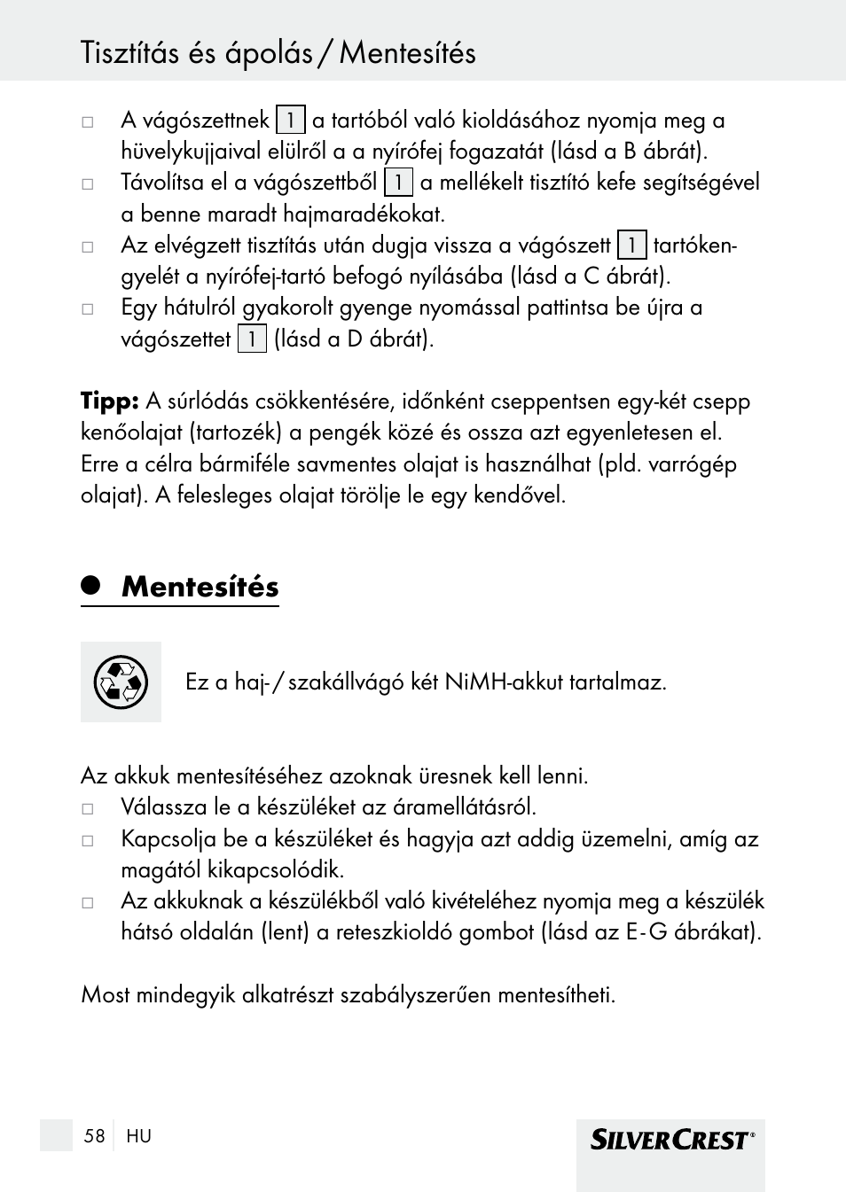 Tisztítás és ápolás / mentesítés, Mentesítés | Silvercrest SHBS 1000 A1 User Manual | Page 58 / 137