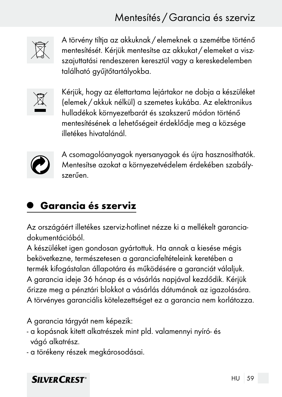 Mentesítés / garancia és szerviz, Garancia és szerviz | Silvercrest SHBS 1000 A1 User Manual | Page 59 / 137