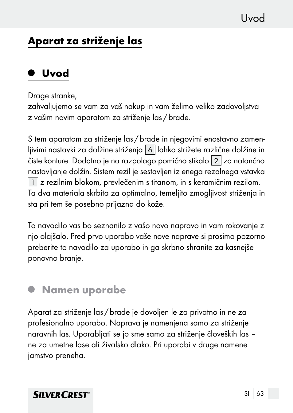 Uvod, Aparat za striženje las, Namen uporabe | Silvercrest SHBS 1000 A1 User Manual | Page 63 / 137