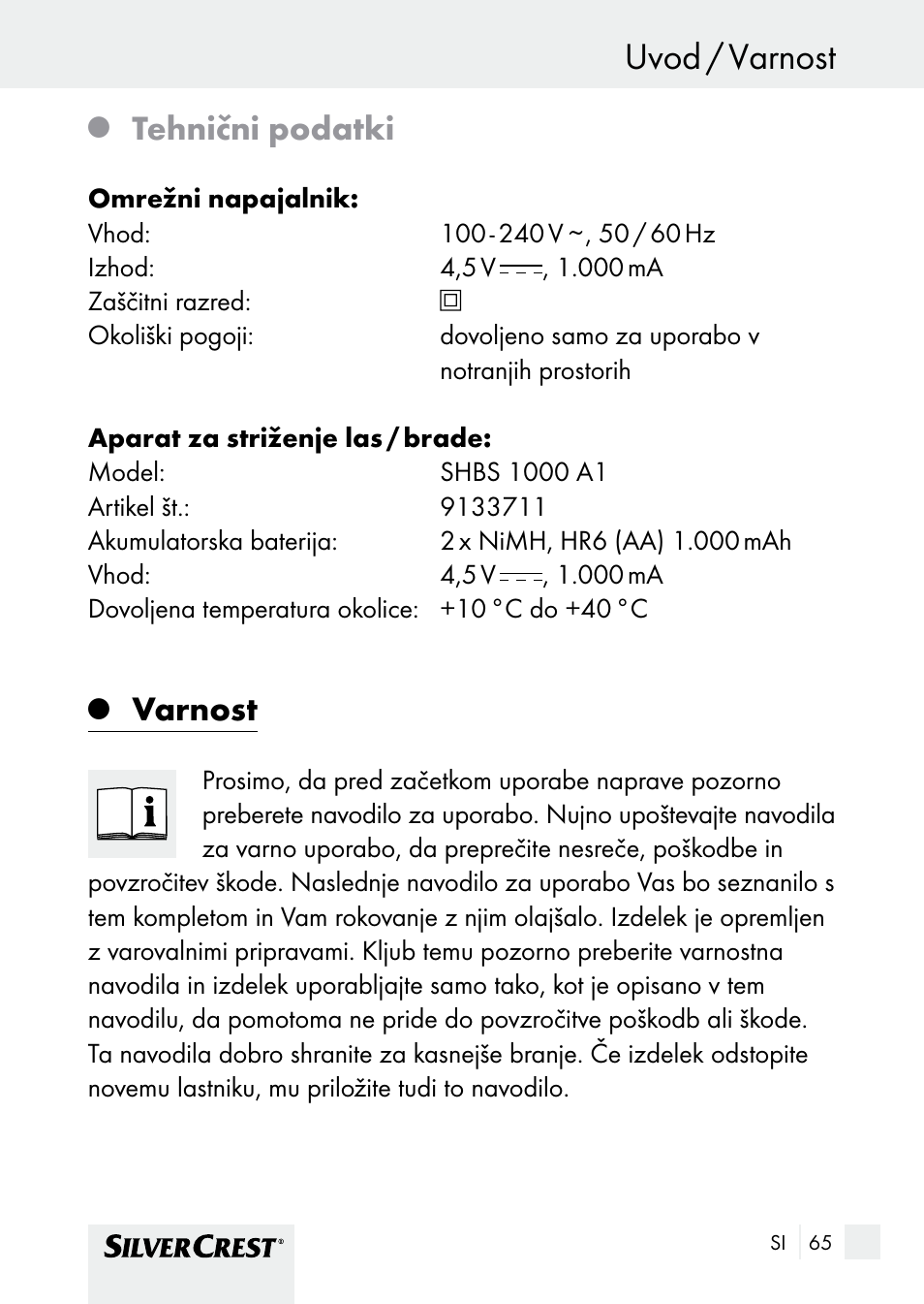 Uvod / varnost, Tehnični podatki, Varnost | Silvercrest SHBS 1000 A1 User Manual | Page 65 / 137