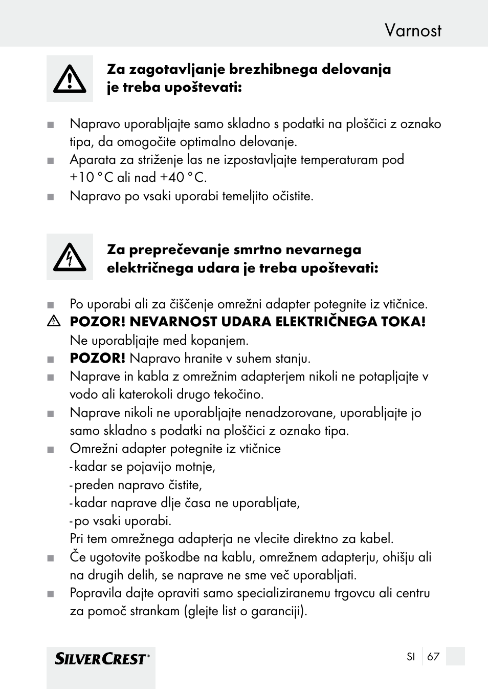 Varnost | Silvercrest SHBS 1000 A1 User Manual | Page 67 / 137