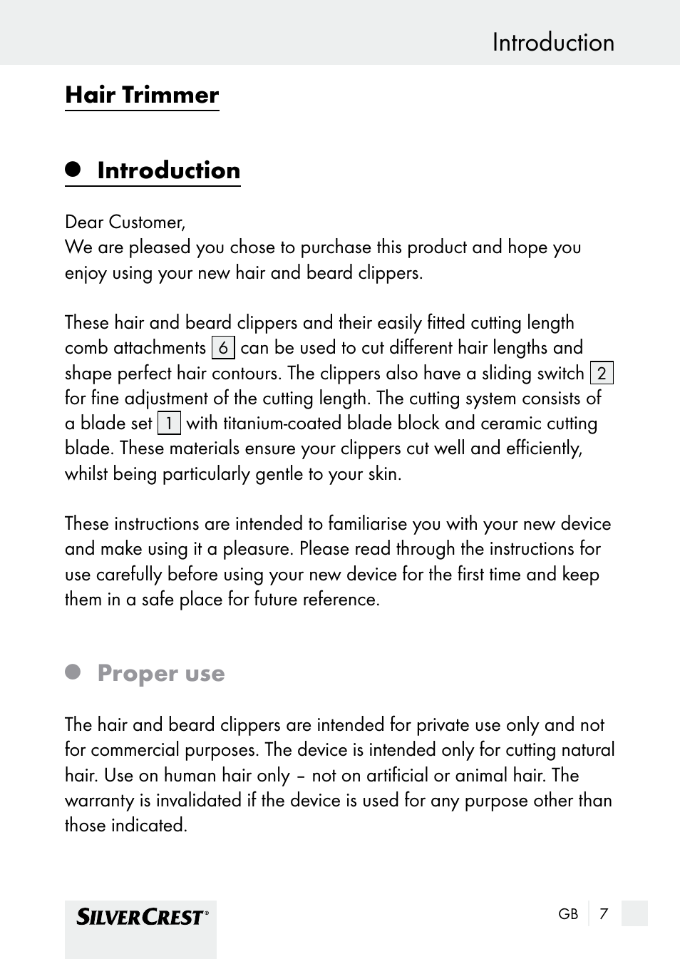 Introduction, Hair trimmer, Proper use | Silvercrest SHBS 1000 A1 User Manual | Page 7 / 137