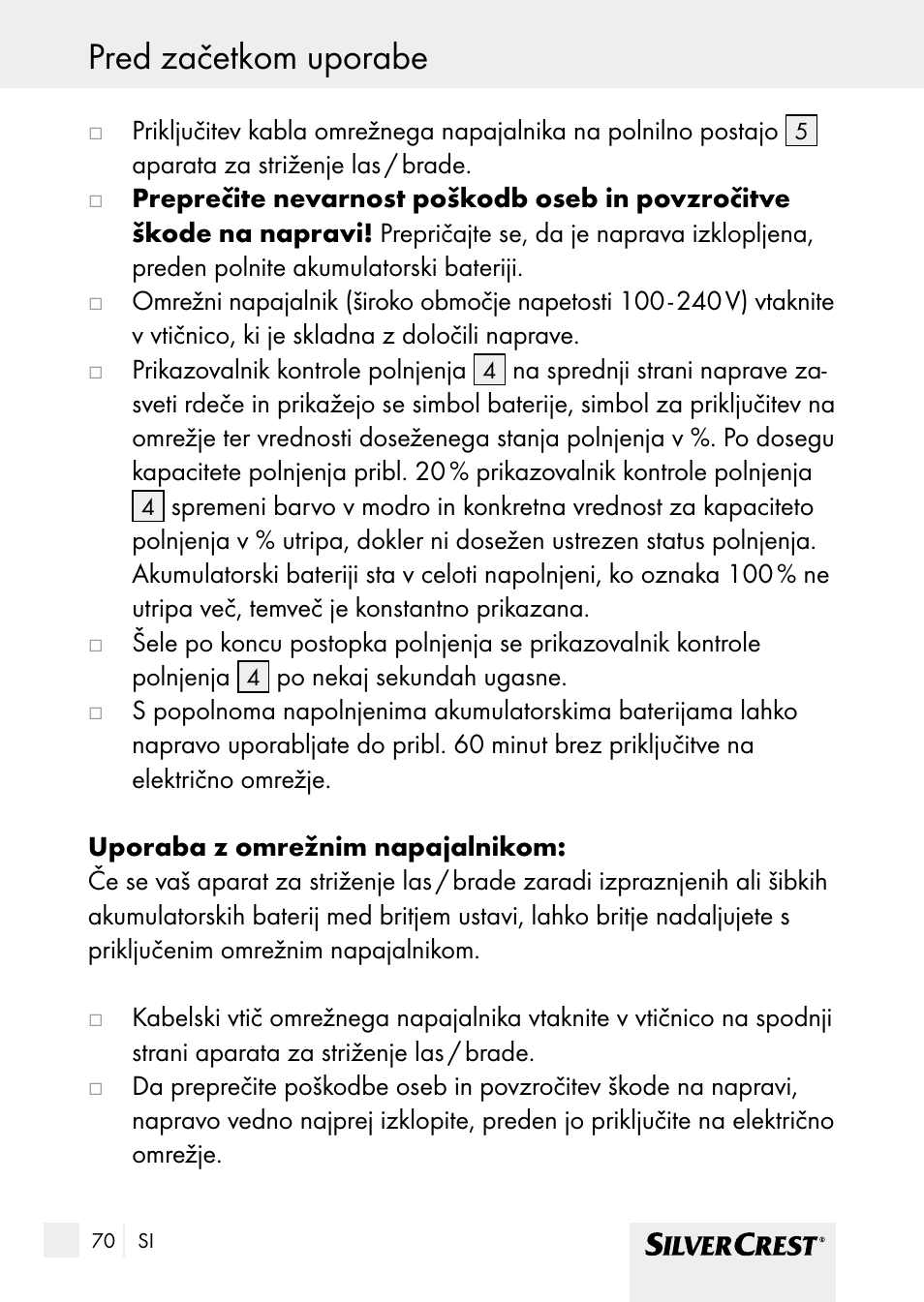 Pred začetkom uporabe | Silvercrest SHBS 1000 A1 User Manual | Page 70 / 137