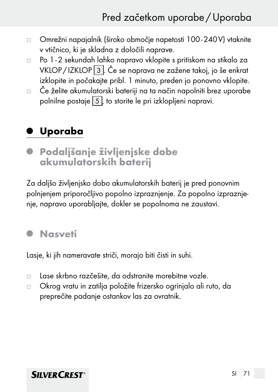 Pred začetkom uporabe / uporaba, Uporaba, Nasveti | Silvercrest SHBS 1000 A1 User Manual | Page 71 / 137