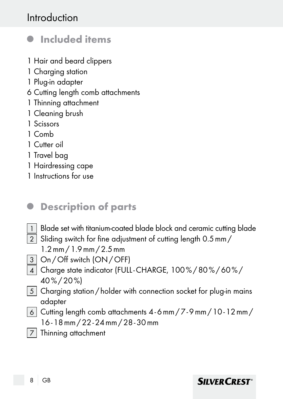Introduction, Included items, Description of parts | Silvercrest SHBS 1000 A1 User Manual | Page 8 / 137