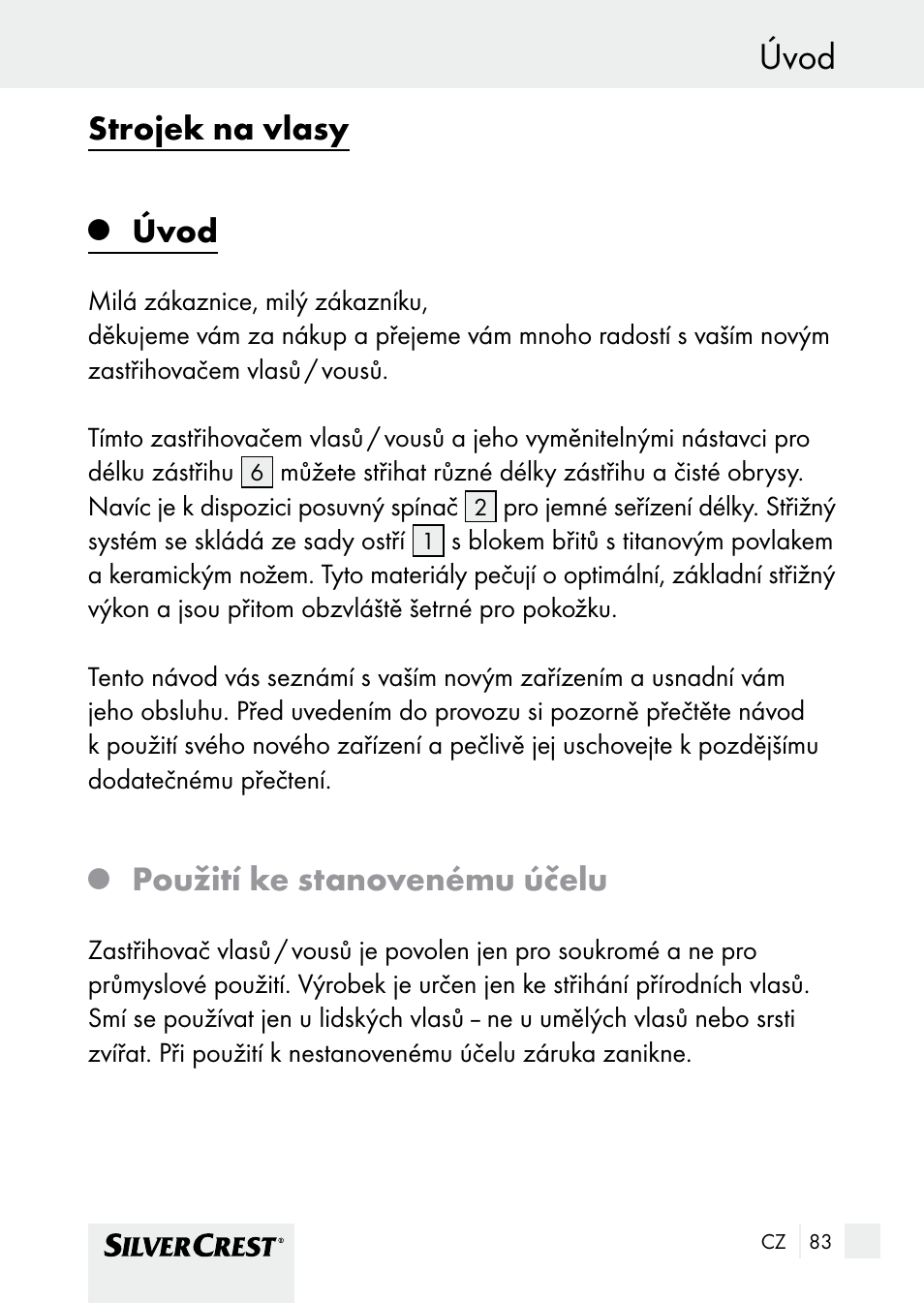 Úvod, Strojek na vlasy, Použití ke stanovenému účelu | Silvercrest SHBS 1000 A1 User Manual | Page 83 / 137