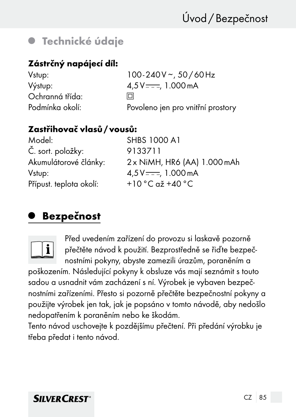 Úvod / bezpečnost, Technické údaje, Bezpečnost | Silvercrest SHBS 1000 A1 User Manual | Page 85 / 137