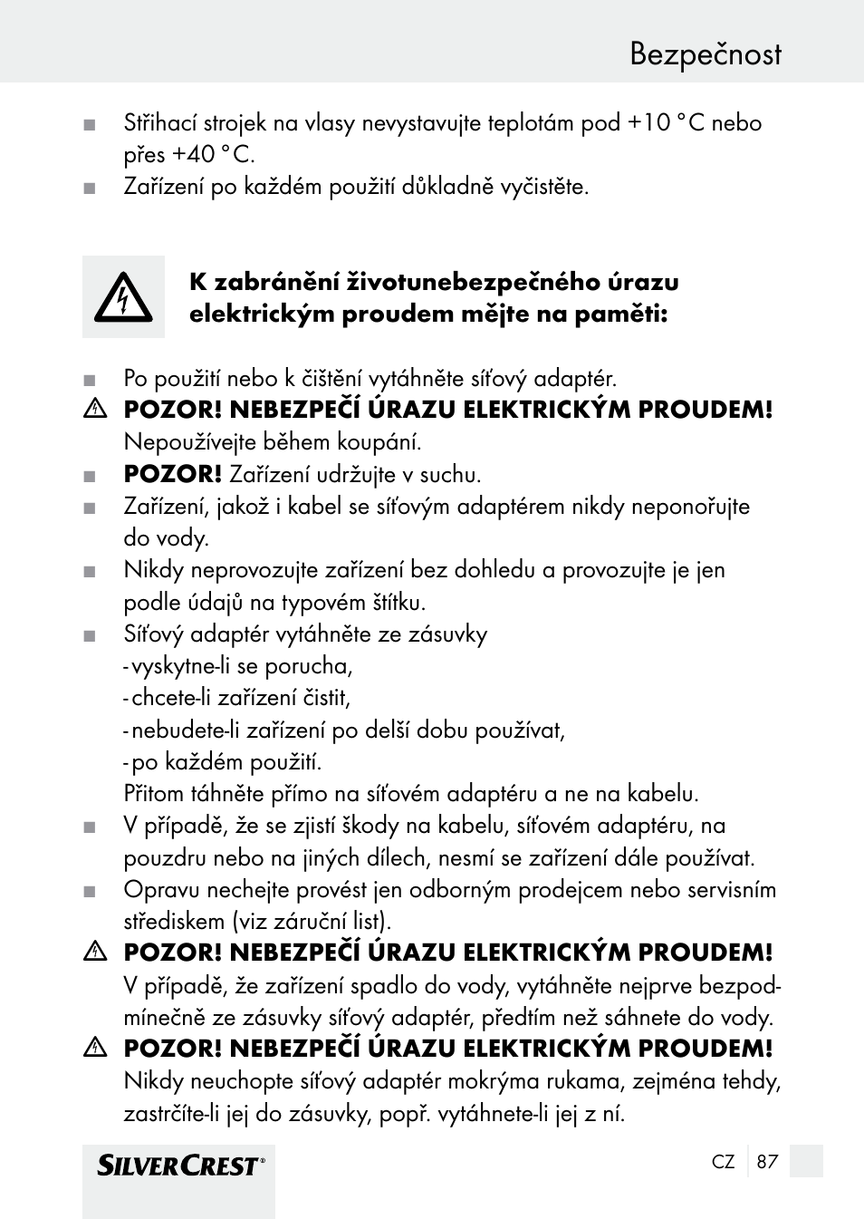 Bezpečnost | Silvercrest SHBS 1000 A1 User Manual | Page 87 / 137