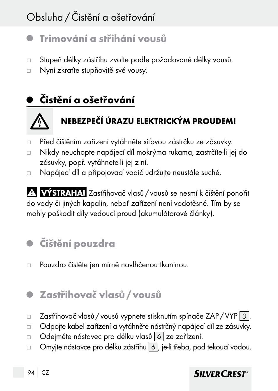 Obsluha / čistění a ošetřování, Trimování a střihání vousů, Čistění a ošetřování | Čištění pouzdra, Zastřihovač vlasů / vousů | Silvercrest SHBS 1000 A1 User Manual | Page 94 / 137