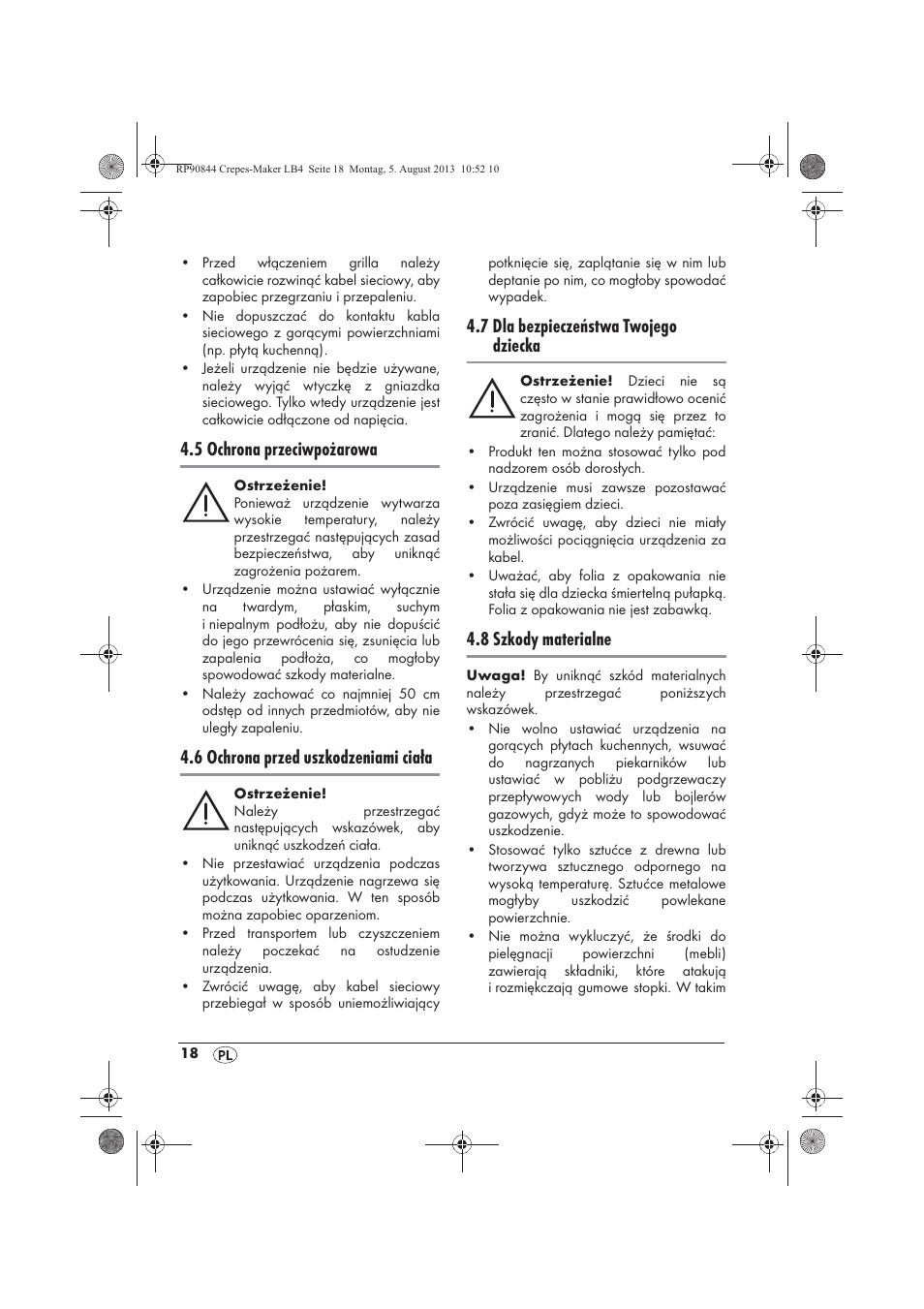 5 ochrona przeciwpożarowa, 6 ochrona przed uszkodzeniami ciała, 7 dla bezpieczeństwa twojego dziecka | 8 szkody materialne | Silvercrest SCM 1500 A1 User Manual | Page 20 / 86