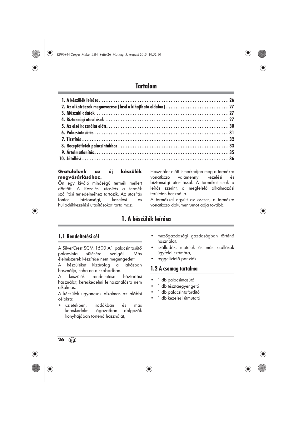 Tartalom, A készülék leírása | Silvercrest SCM 1500 A1 User Manual | Page 28 / 86