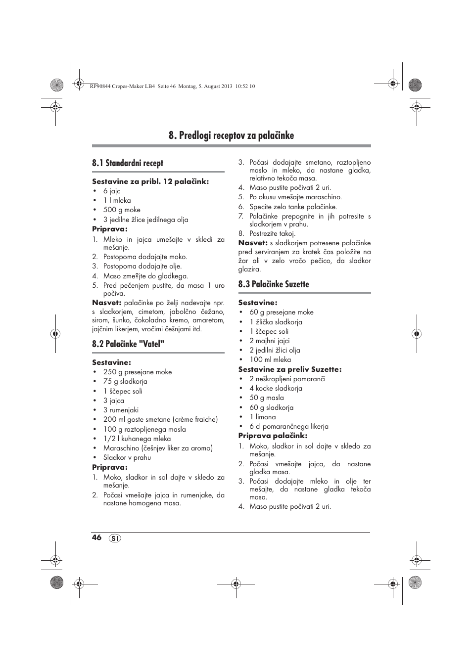 Predlogi receptov za palačinke, 1 standardni recept, 2 palačinke "vatel | 3 palačinke suzette | Silvercrest SCM 1500 A1 User Manual | Page 48 / 86