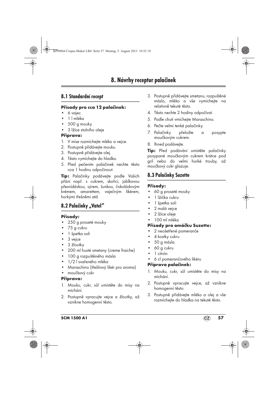 Návrhy receptur palačinek, 1 standardní recept, 2 palačinky „vatel | 3 palačinky suzette | Silvercrest SCM 1500 A1 User Manual | Page 59 / 86