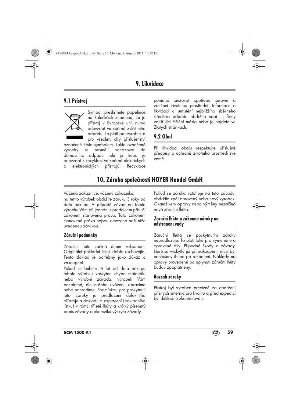 Likvidace, Záruka společnosti hoyer handel gmbh | Silvercrest SCM 1500 A1 User Manual | Page 61 / 86