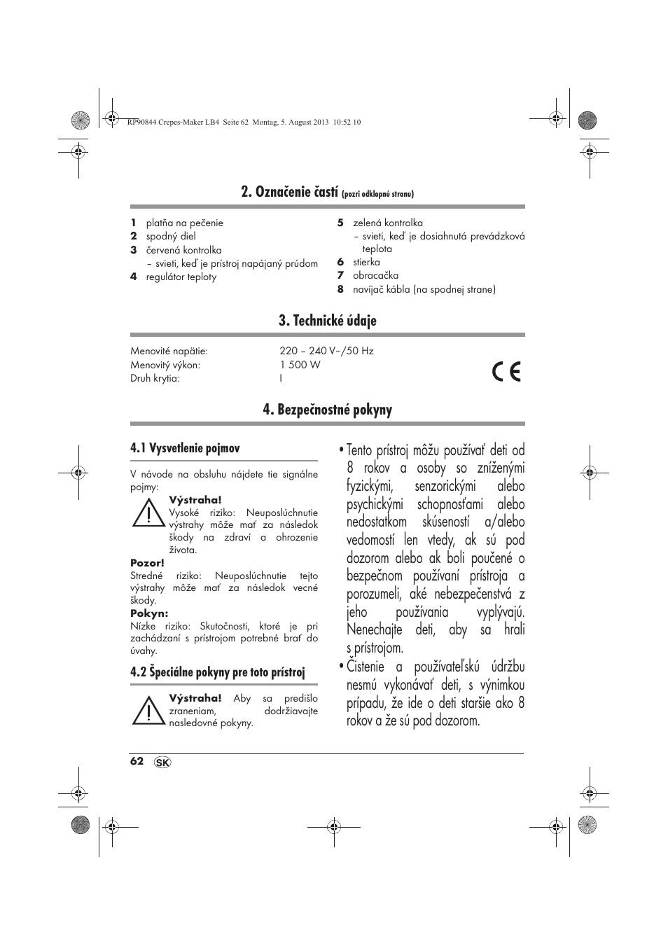 Označenie častí, Technické údaje, Bezpečnostné pokyny | Silvercrest SCM 1500 A1 User Manual | Page 64 / 86