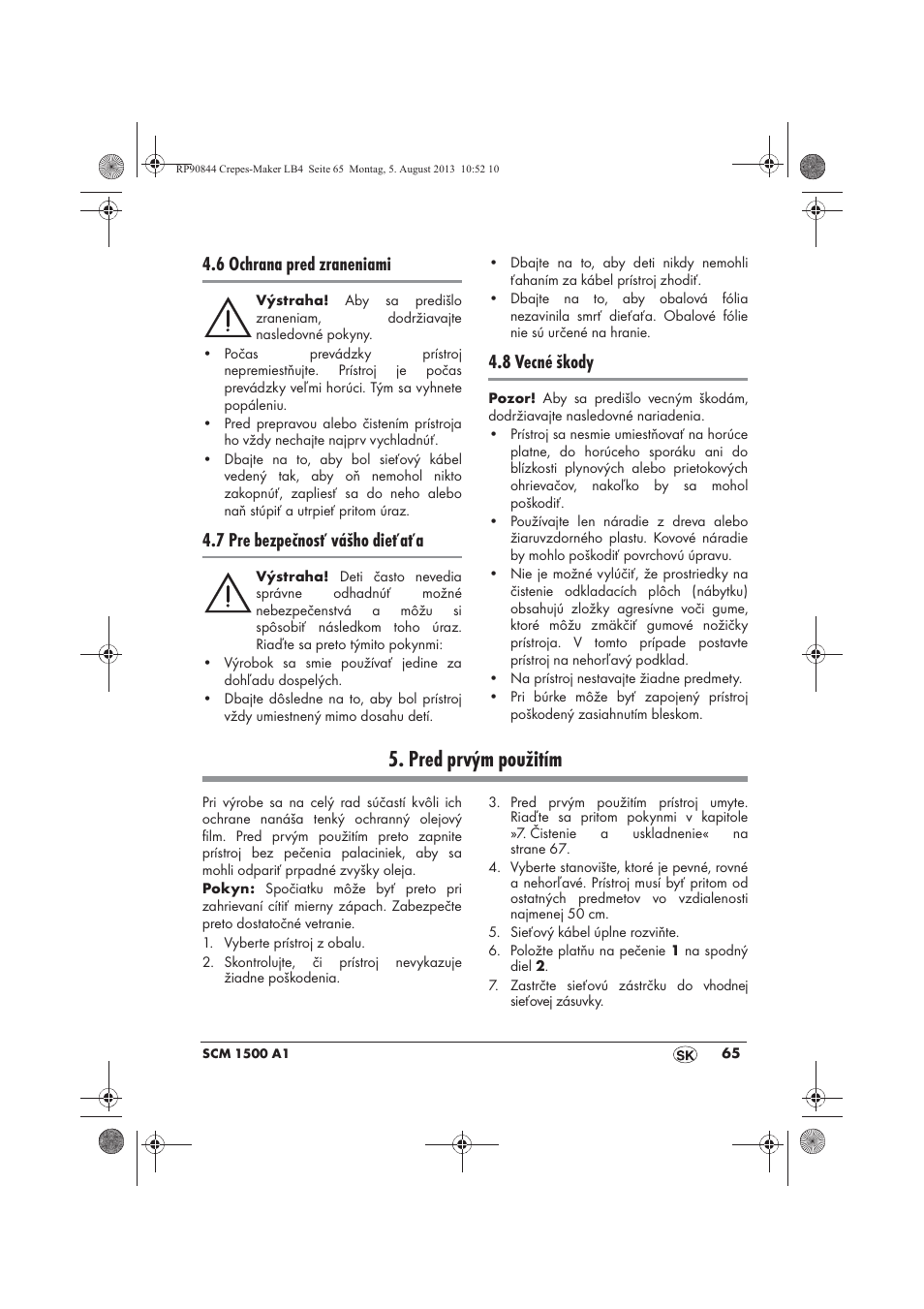 Pred prvým použitím, 6 ochrana pred zraneniami, 7 pre bezpečnosť vášho dieťaťa | 8 vecné škody | Silvercrest SCM 1500 A1 User Manual | Page 67 / 86