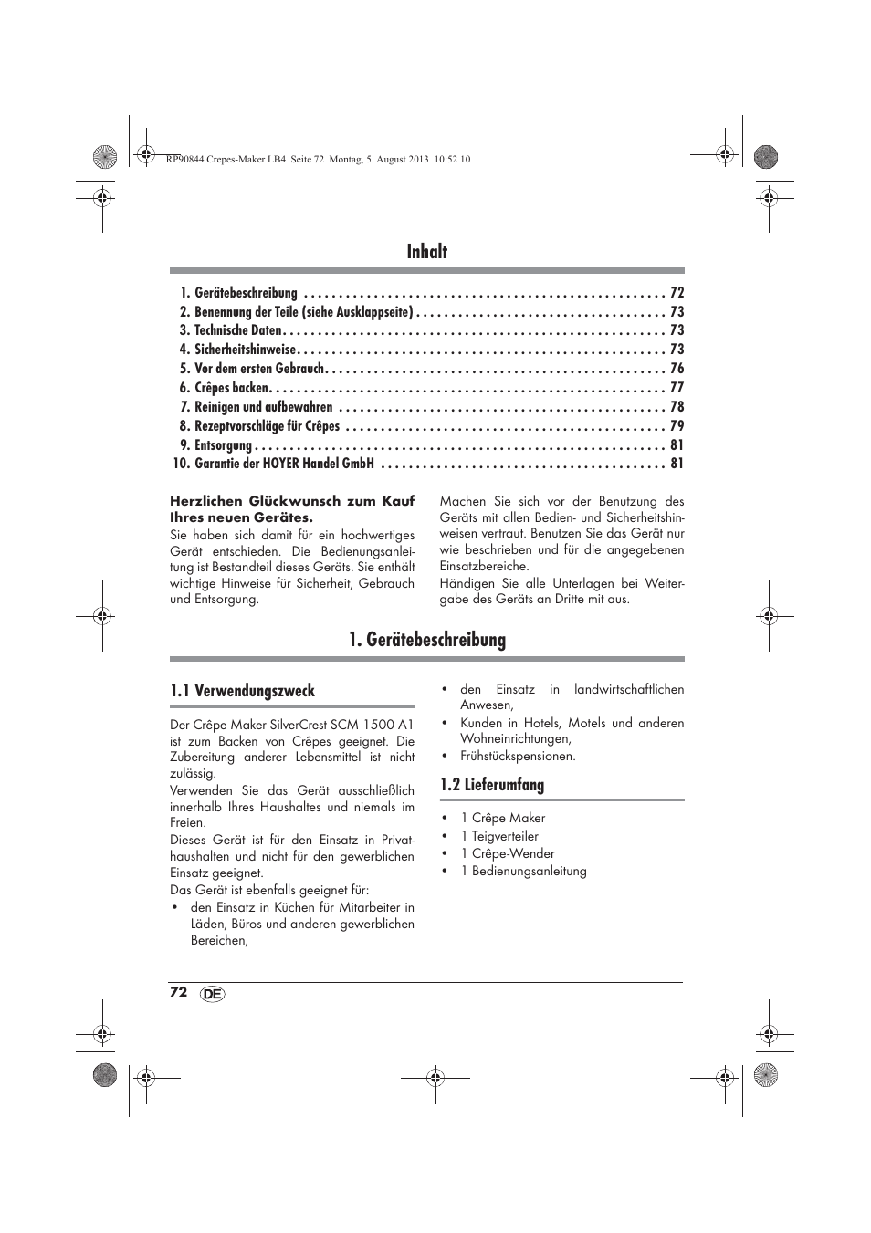 Inhalt, Gerätebeschreibung | Silvercrest SCM 1500 A1 User Manual | Page 74 / 86