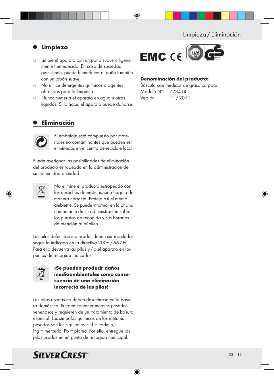 Limpieza / eliminación | Silvercrest Z28414-TX User Manual | Page 11 / 46