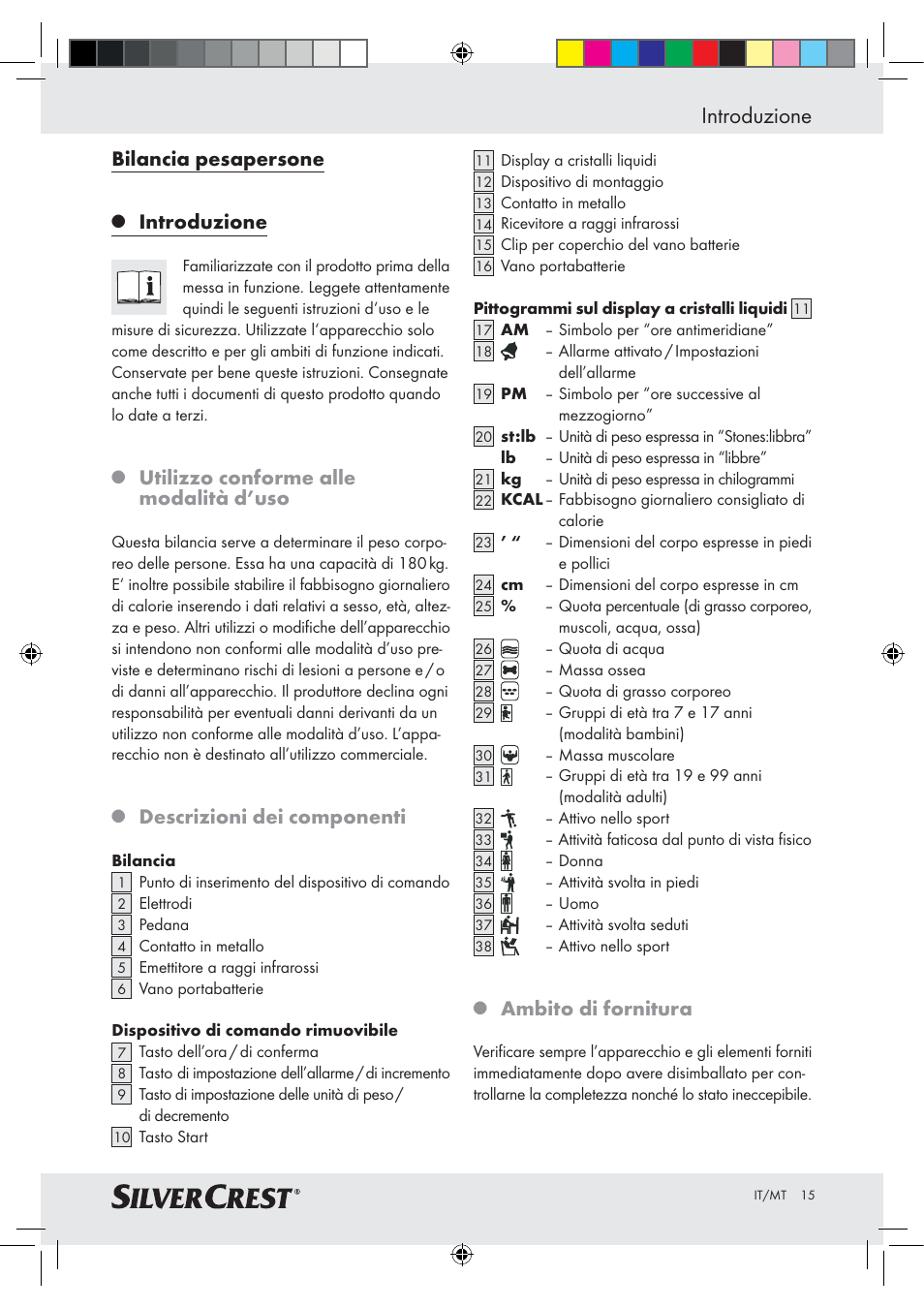 Introduzione, Bilancia pesapersone, Utilizzo conforme alle modalità d’uso | Descrizioni dei componenti, Ambito di fornitura | Silvercrest Z28414-TX User Manual | Page 13 / 46