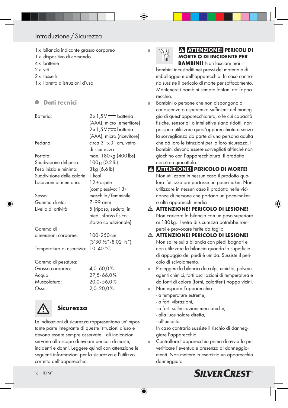 Introduzione / sicurezza, Dati tecnici, Sicurezza | Silvercrest Z28414-TX User Manual | Page 14 / 46