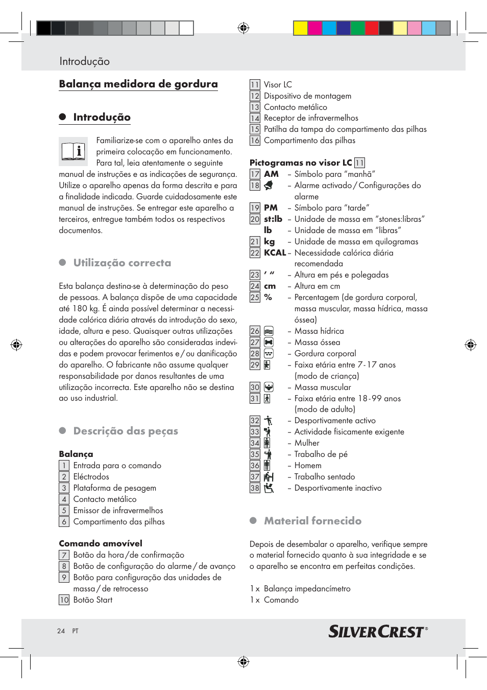 Introdução, Balança medidora de gordura, Utilização correcta | Descrição das peças, Material fornecido | Silvercrest Z28414-TX User Manual | Page 22 / 46