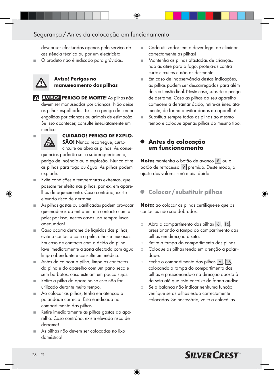 Segurança / antes da colocação em funcionamento, Antes da colocação em funcionamento, Colocar / substituir pilhas | Silvercrest Z28414-TX User Manual | Page 24 / 46