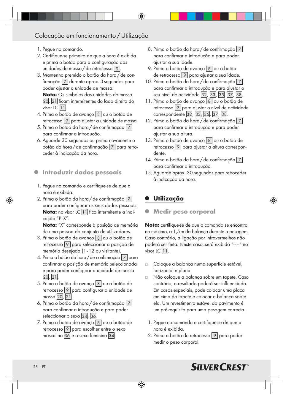 Colocação em funcionamento / utilização, Introduzir dados pessoais, Utilização | Medir peso corporal | Silvercrest Z28414-TX User Manual | Page 26 / 46