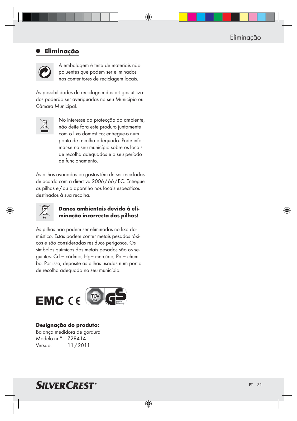 Eliminação | Silvercrest Z28414-TX User Manual | Page 29 / 46