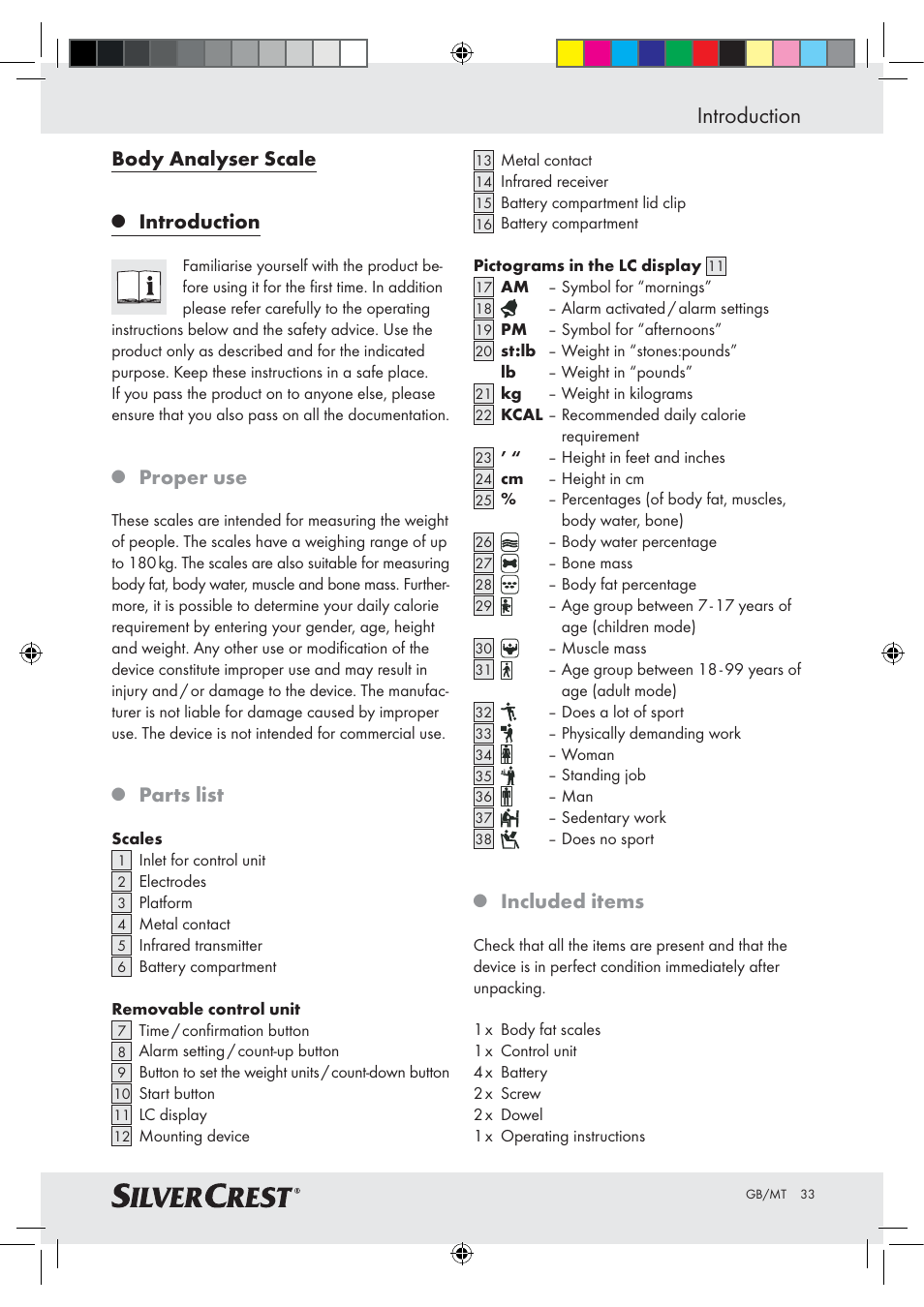 Introduction, Body analyser scale, Proper use | Parts list, Included items | Silvercrest Z28414-TX User Manual | Page 31 / 46