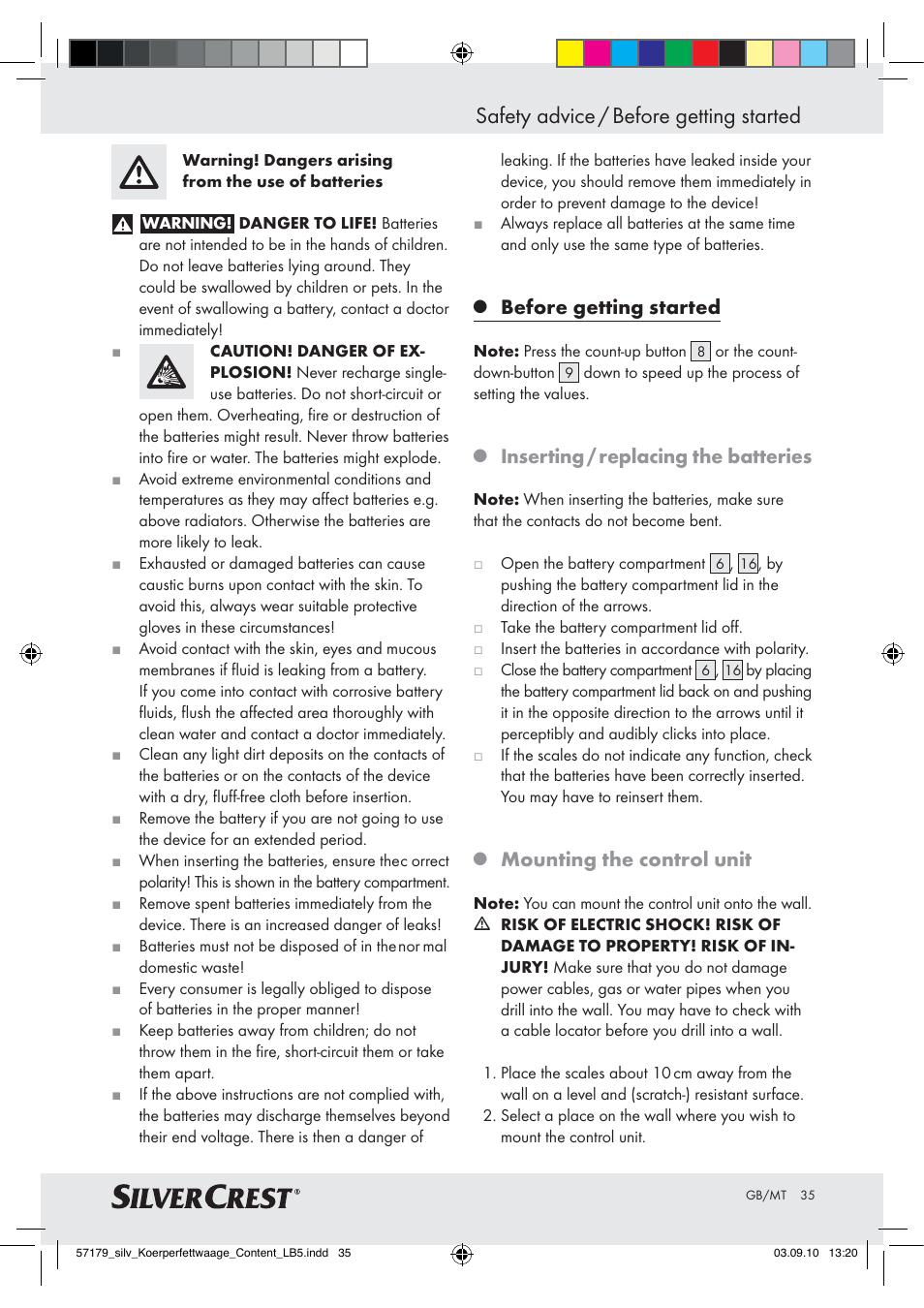 Safety advice / before getting started, Before getting started, Inserting / replacing the batteries | Mounting the control unit | Silvercrest Z28414-TX User Manual | Page 33 / 46