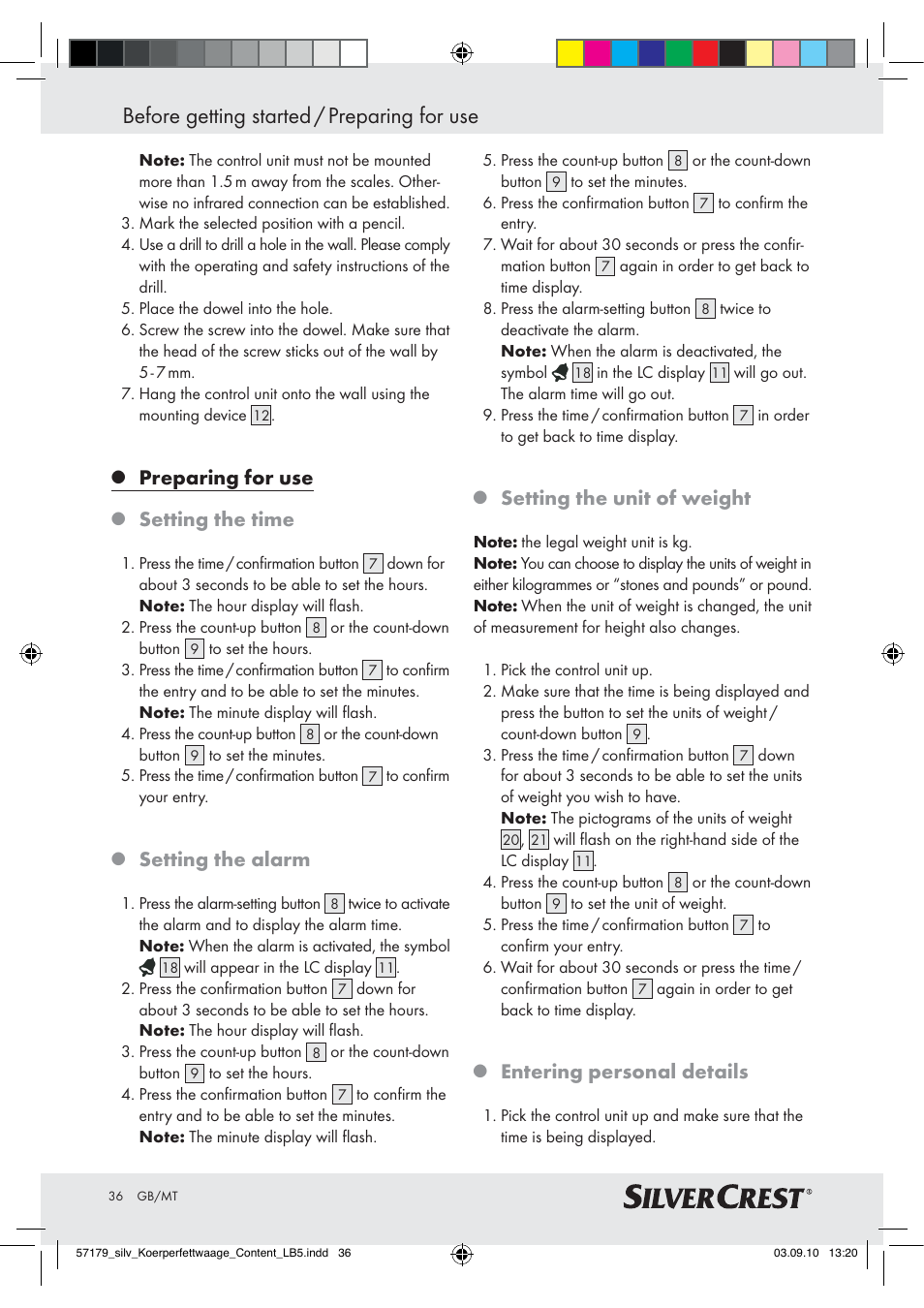 Before getting started / preparing for use, Preparing for use, Setting the time | Setting the alarm, Setting the unit of weight, Entering personal details | Silvercrest Z28414-TX User Manual | Page 34 / 46