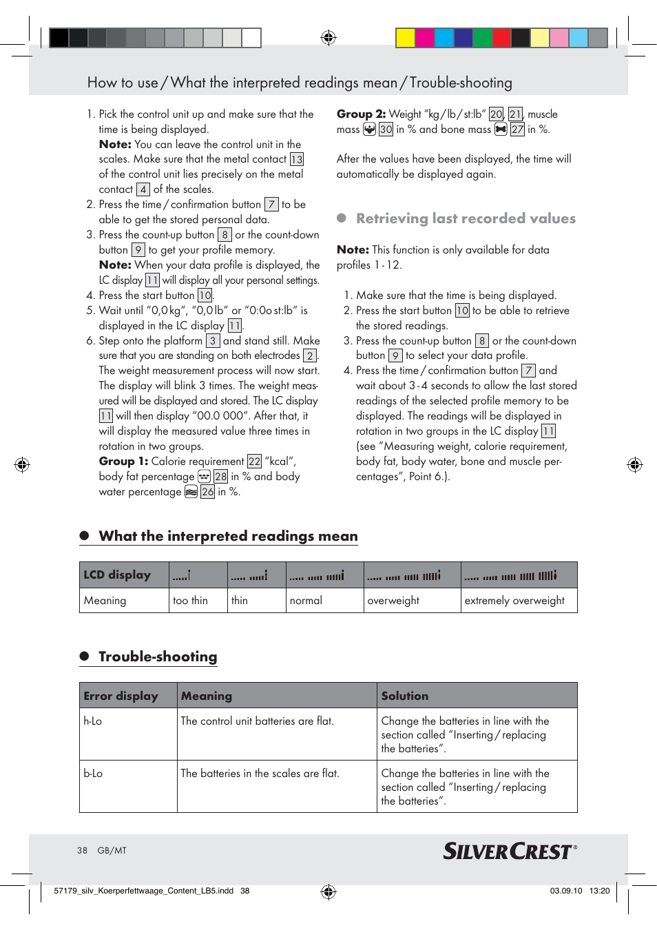 Retrieving last recorded values, What the interpreted readings mean, Trouble-shooting | Silvercrest Z28414-TX User Manual | Page 36 / 46