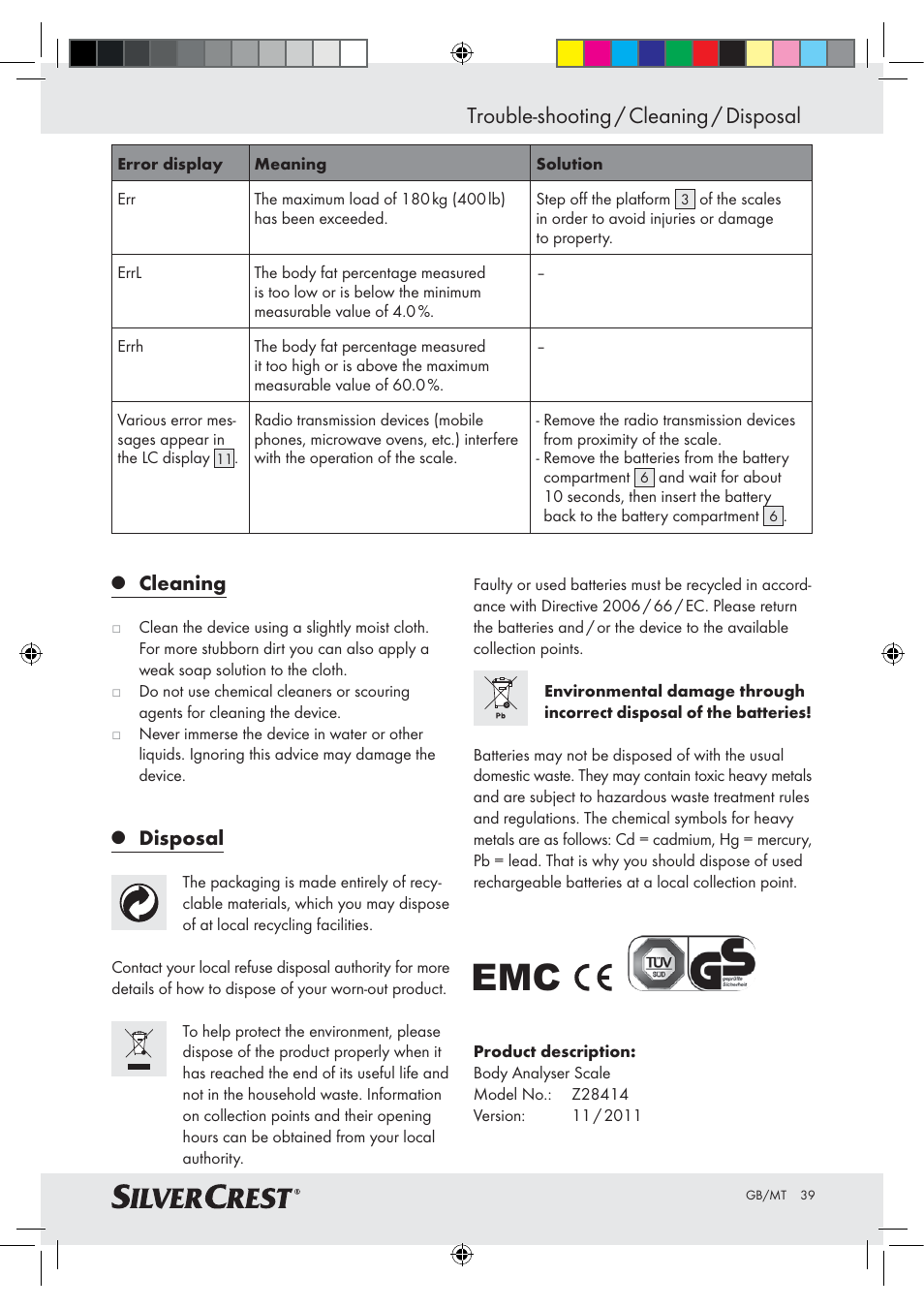 Trouble-shooting / cleaning / disposal, Cleaning, Disposal | Silvercrest Z28414-TX User Manual | Page 37 / 46