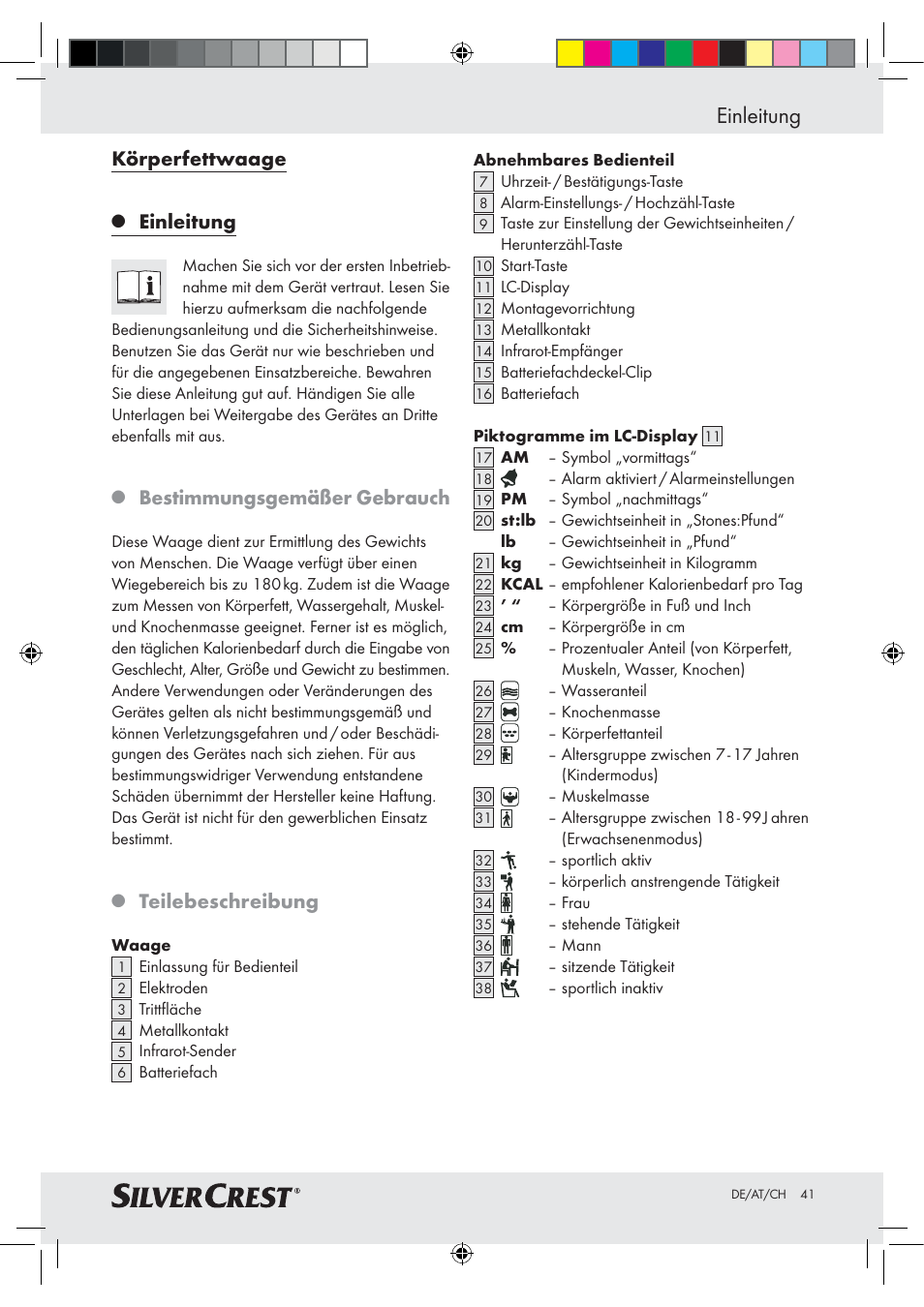Einleitung, Körperfettwaage, Bestimmungsgemäßer gebrauch | Teilebeschreibung | Silvercrest Z28414-TX User Manual | Page 39 / 46