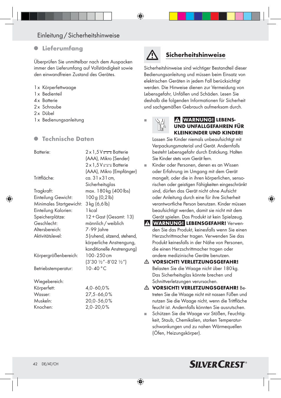 Einleitung / sicherheitshinweise, Lieferumfang, Technische daten | Sicherheitshinweise | Silvercrest Z28414-TX User Manual | Page 40 / 46