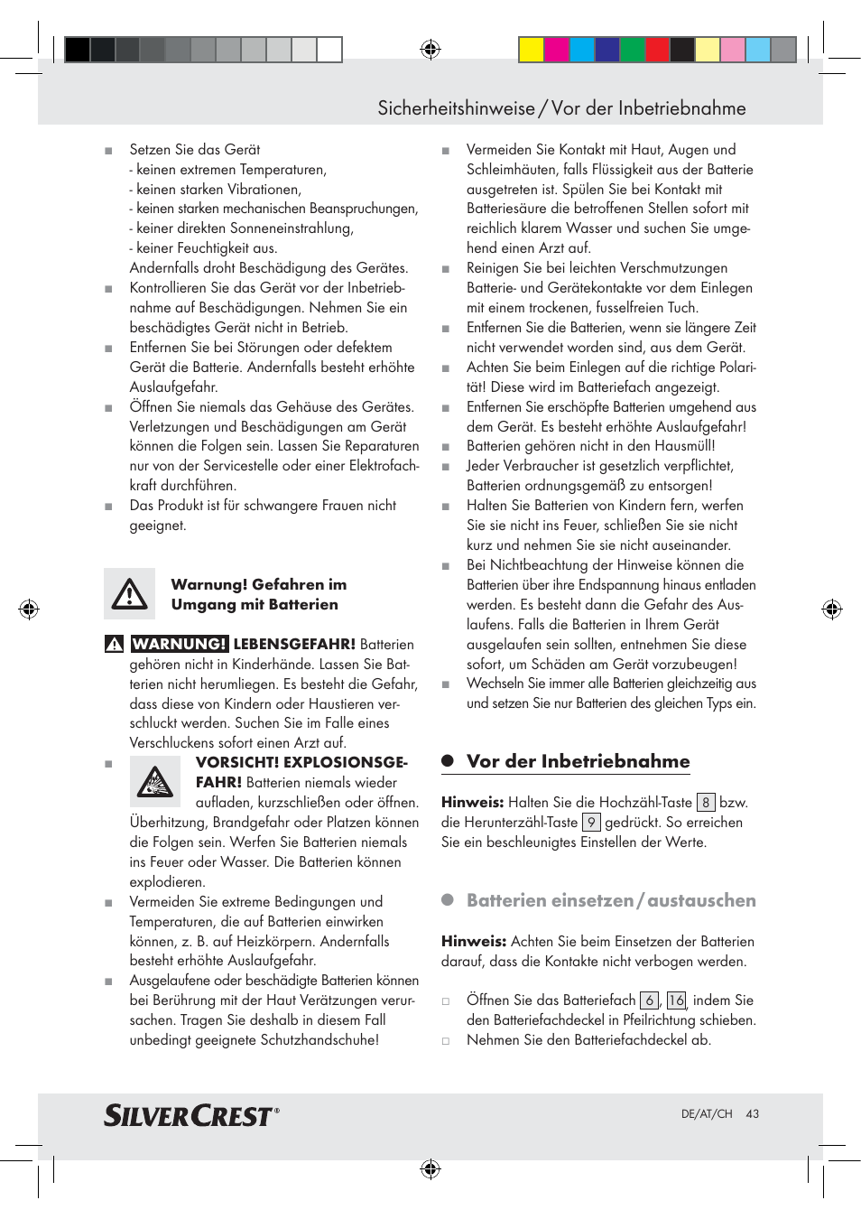 Sicherheitshinweise / vor der inbetriebnahme, Vor der inbetriebnahme, Batterien einsetzen / austauschen | Silvercrest Z28414-TX User Manual | Page 41 / 46