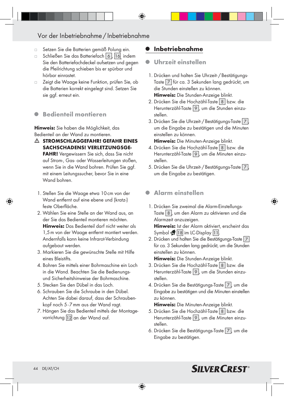 Vor der inbetriebnahme / inbetriebnahme, Bedienteil montieren, Inbetriebnahme | Uhrzeit einstellen, Alarm einstellen | Silvercrest Z28414-TX User Manual | Page 42 / 46