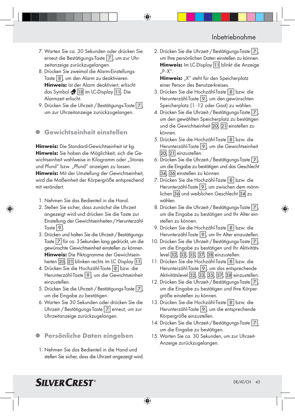 Inbetriebnahme, Gewichtseinheit einstellen, Persönliche daten eingeben | Silvercrest Z28414-TX User Manual | Page 43 / 46