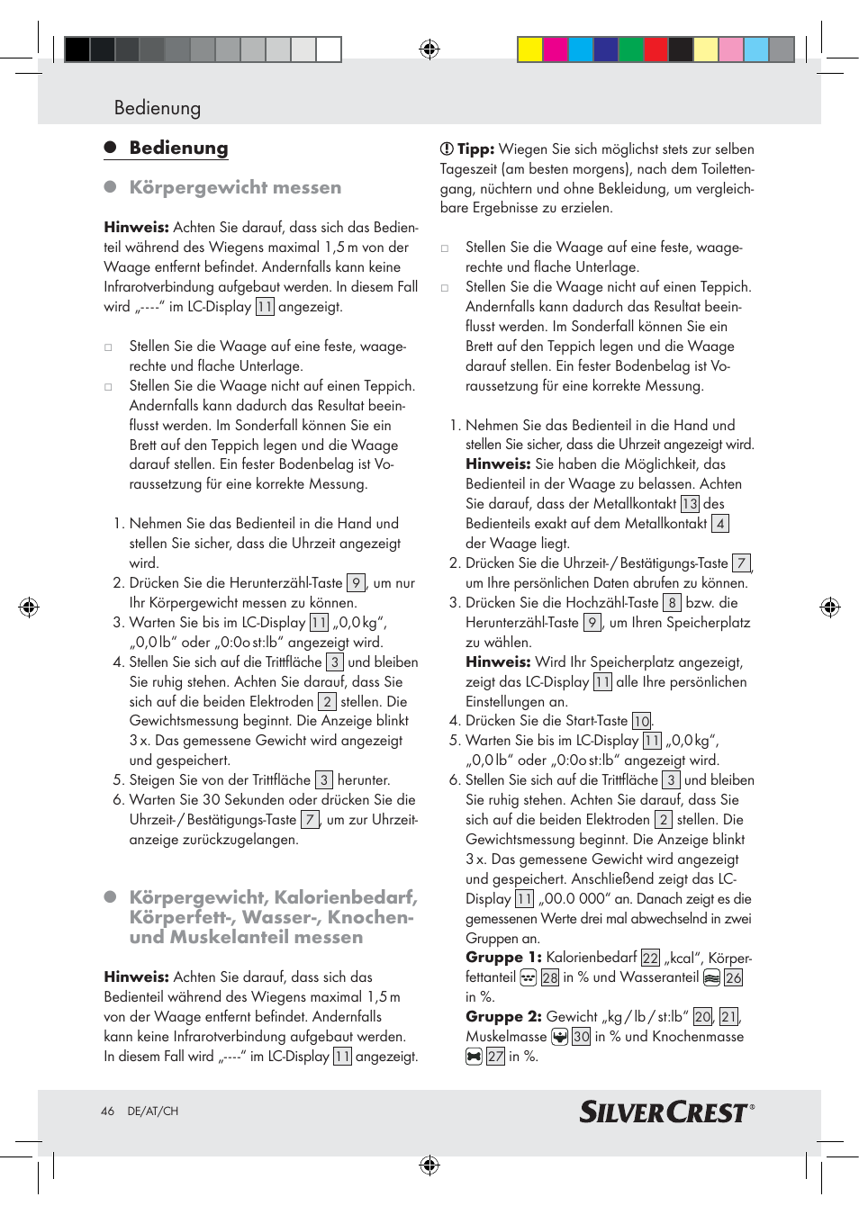 Bedienung, Körpergewicht messen | Silvercrest Z28414-TX User Manual | Page 44 / 46