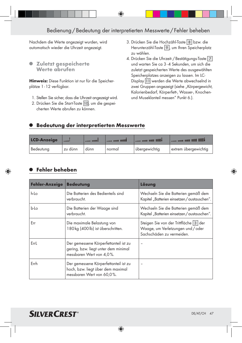 Bedeutung der interpretierten messwerte, Fehler beheben, Zuletzt gespeicherte werte abrufen | Silvercrest Z28414-TX User Manual | Page 45 / 46