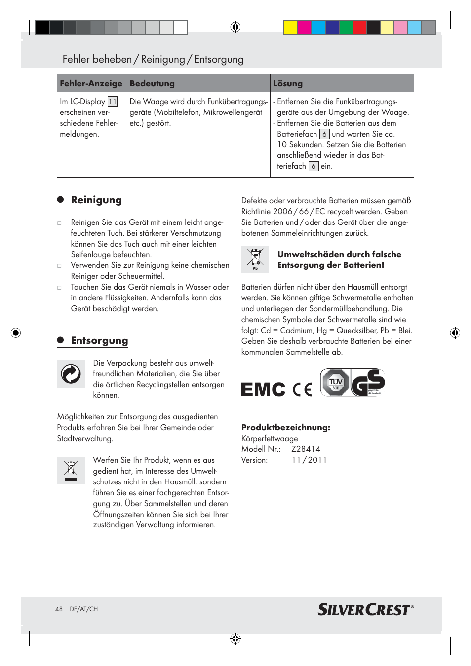 Fehler beheben / reinigung / entsorgung, Reinigung, Entsorgung | Silvercrest Z28414-TX User Manual | Page 46 / 46