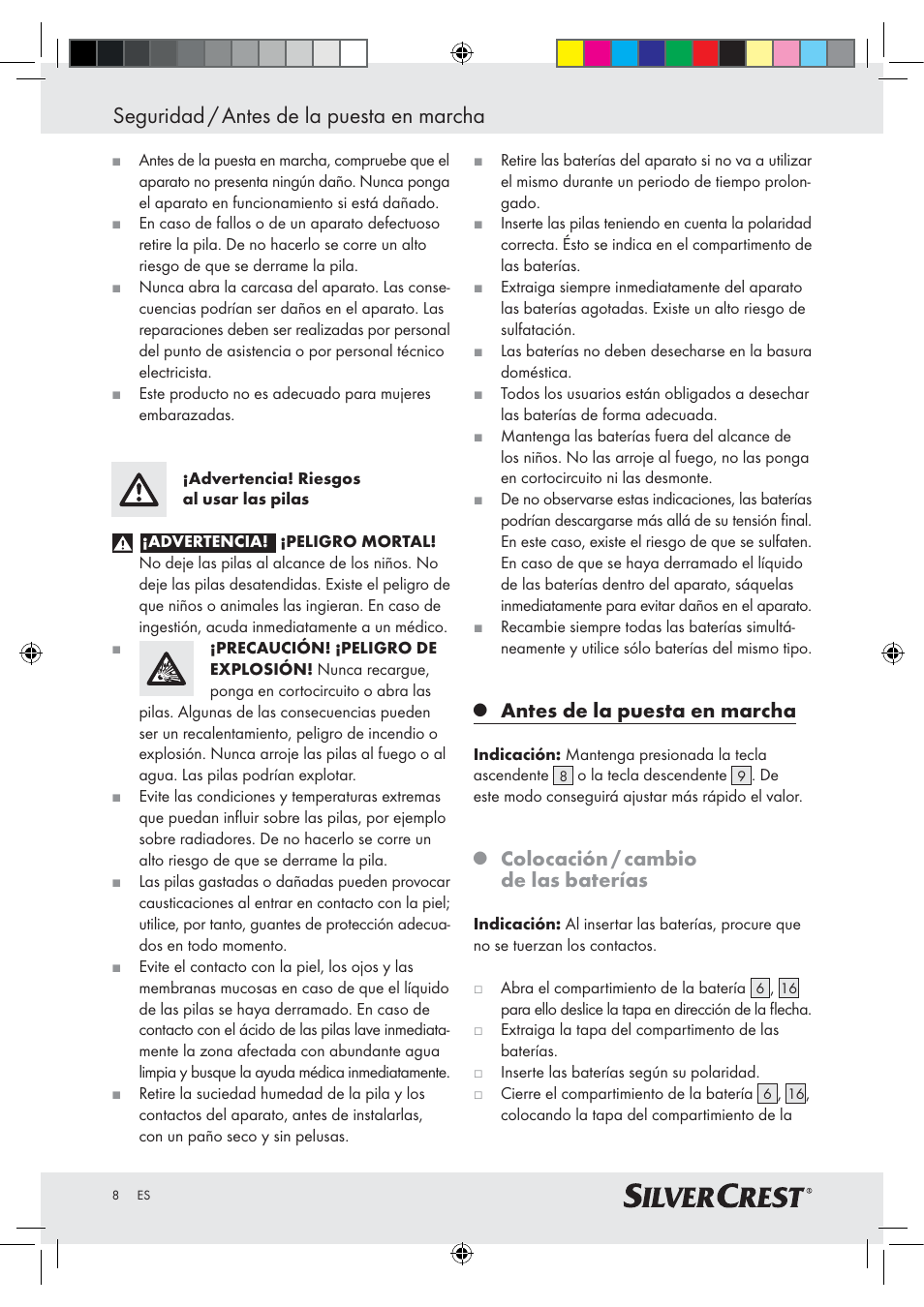 Seguridad / antes de la puesta en marcha, Antes de la puesta en marcha, Colocación / cambio de las baterías | Silvercrest Z28414-TX User Manual | Page 6 / 46